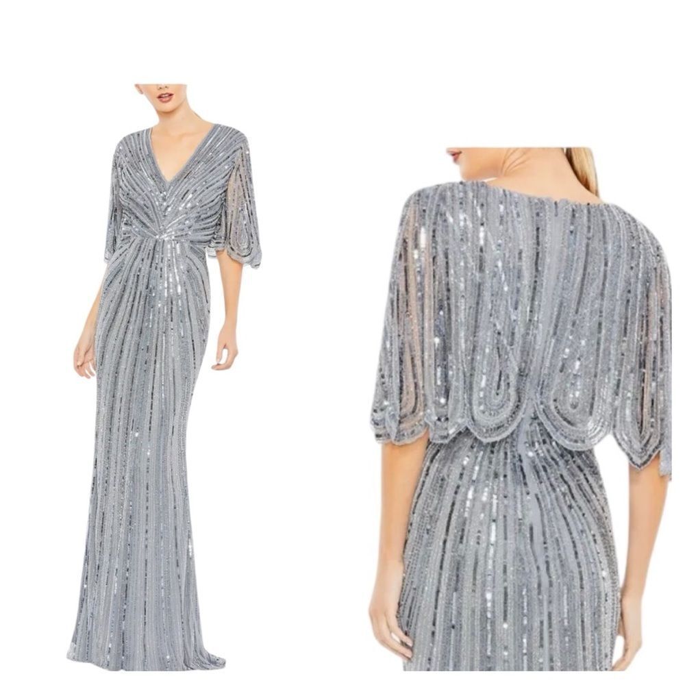 Mac Duggal 93583 Cape Sleeve Sequin Gown in Slate Blue | Size 8